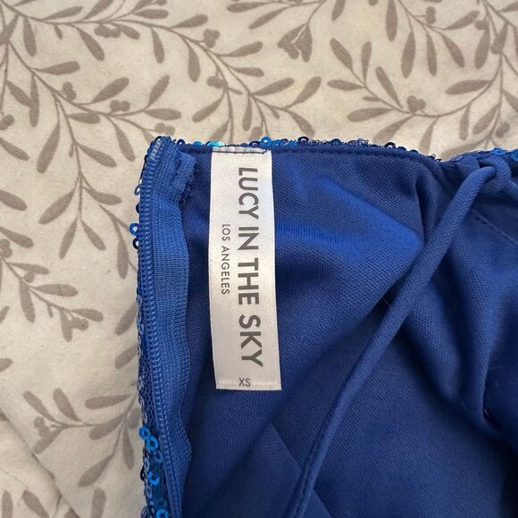 Lucy In The Sky Sequined Cowl Neck Lace Up Back Ruffle Hem Mini Dress Blue XS - Picture 6 of 6